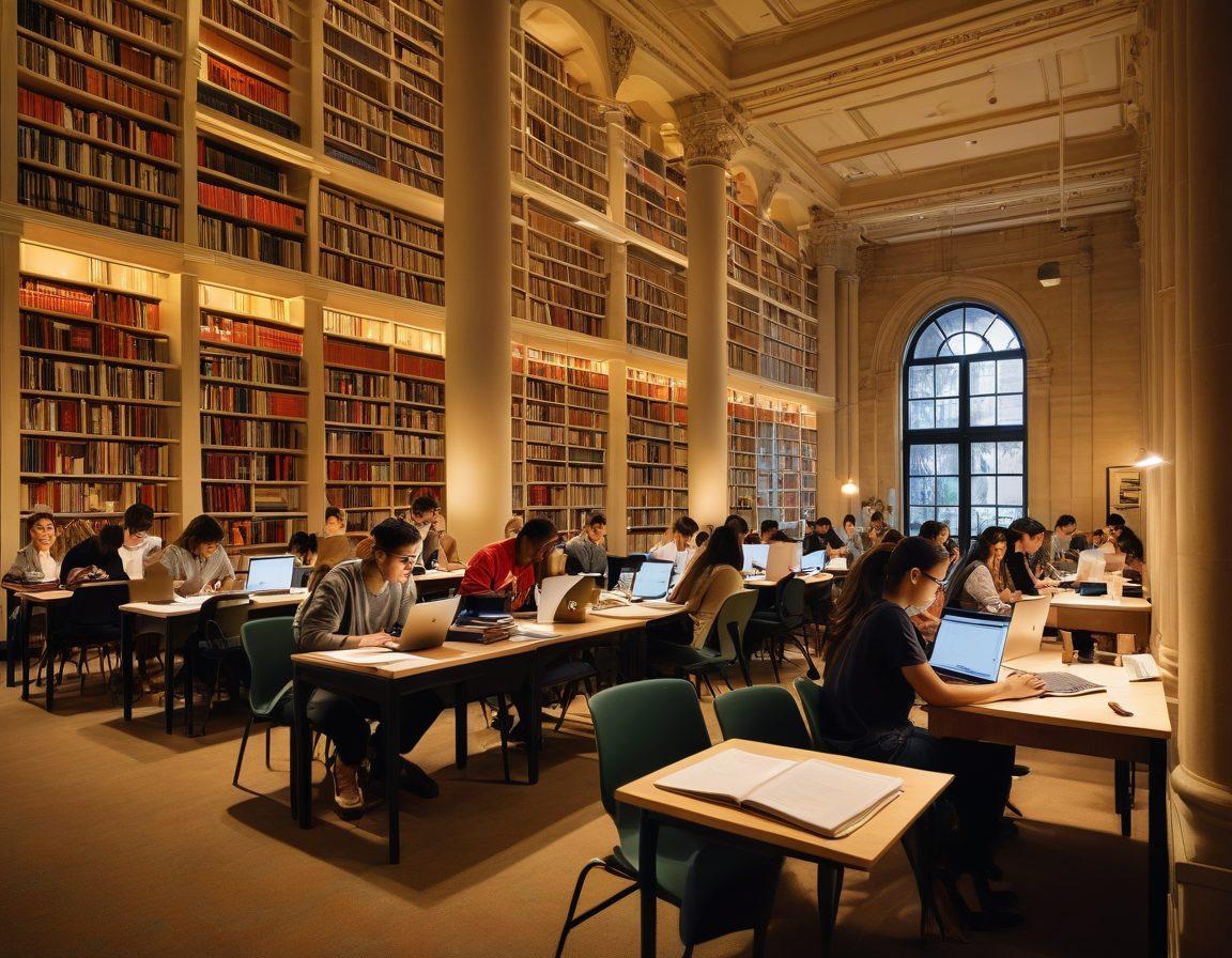 A dynamic academic setting with a diverse group of students engaged in blogging on laptops, surrounded by books and study materials, illustrating the transformation of their studies into online success. The background features UTS's iconic architecture, symbolizing growth and innovation. Warm lighting and an inspiring atmosphere create a sense of motivation. vibrant colors. super-realistic.