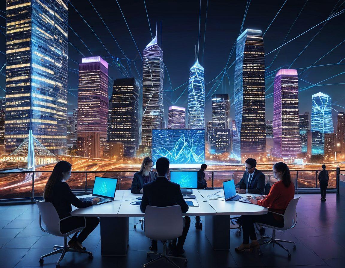 A vibrant digital landscape depicting a diverse group of people collaborating on laptops and tablets, interconnected by glowing bridges made of network lines. In the background, modern skyscrapers symbolize innovation and connectivity. The scene should radiate a sense of community, with bright colors and an inviting atmosphere showcasing the power of blogging for networking. super-realistic. vibrant colors. 3D.